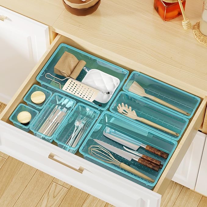 WOWBOX 40 PCS Plastic Drawer Organizer Set, 4 Sizes Desk Drawer Organization and Storage Containers for Makeup, Cosmetics, Jewelry and Gadgets in Kitchen, Bathroom, Bedroom, Office, Clear Sea Blue