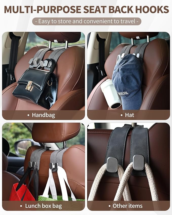 Headrest Hooks for Car, 4 Pack Car Seat Back Organizer Storage Hook, Double Hook Car Seat Hooks for Hanger Purses and Bags, Leather Purse Holder for Car, Black