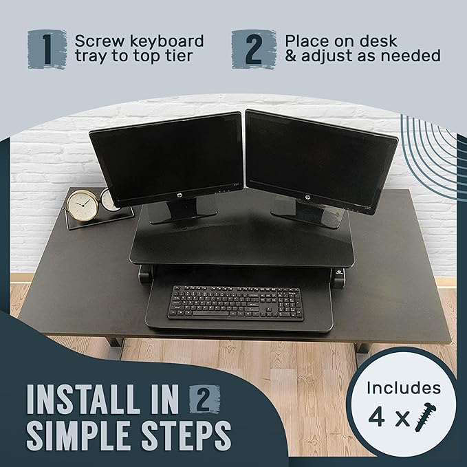 TechOrbits Standing Desk Converter - 32 Inch Adjustable Sit to Stand Up Workstation, Particle Board, Dual Monitor Desktop Riser with Keyboard Tray, for Home Office Laptop, Black 32"