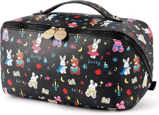 Aveniee Travel Makeup Bag for Women, Large Cosmetic Organizer with Open-Flat Design, Clear Divider & Handle - Waterproof PU Leather Toiletry Case (BunnyPattern)
