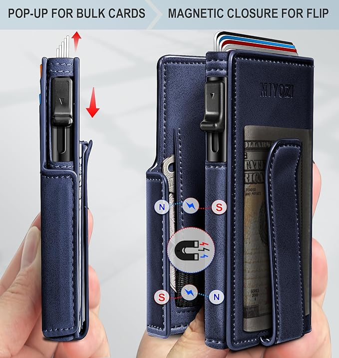 miyozi Wallet for Men with Money Clip Coins Pocket ID Window Gift Boxed,Slim Smart Front Pocket RFID Blocking Wallet Pop-up Card Holder in Magnetic Leather Flip 3.9"x 2.7"