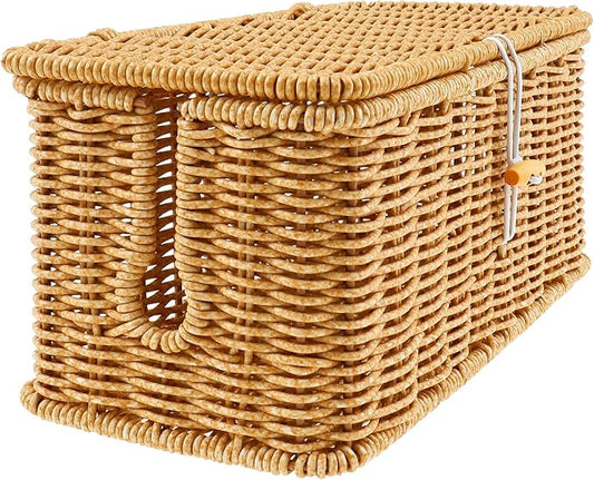 Cable Management Box with Lid, Handwoven Imitation Rattan Power Strip Hider Organizer for Computer Router USB Hub & Power Strip, Desktop Cord Organizer Box for Home Office DIY-Friendly Cord Management