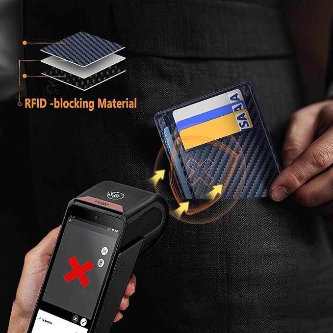 Travelambo Front Pocket Minimalist Leather Slim Wallet RFID Blocking Carbon Fiber Texture