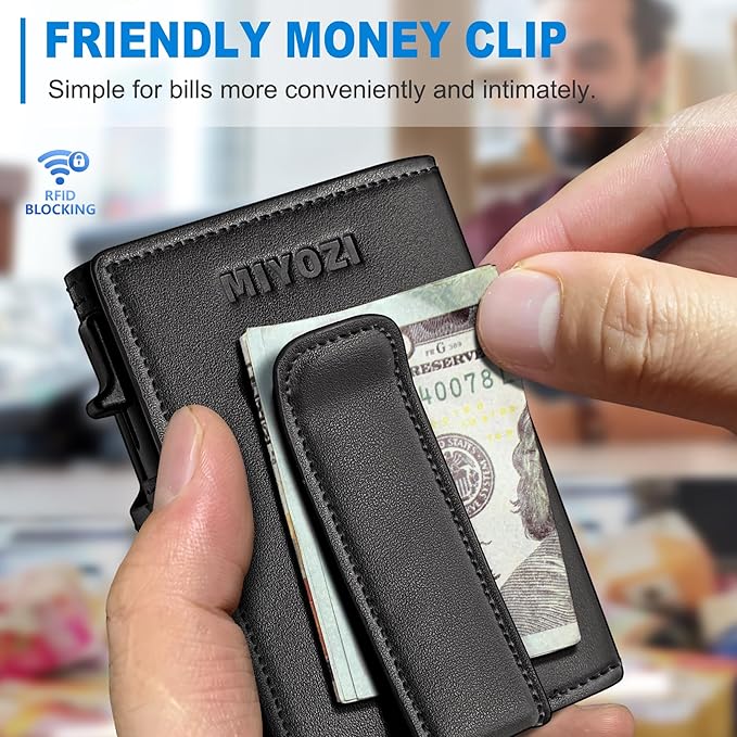 miyozi Men Wallet,with Money Clip Coins Pocket ID Window,Slim Front Pocket RFID Blocking Pop-up Card Holder 3.9"x 2.7", Gift Boxed