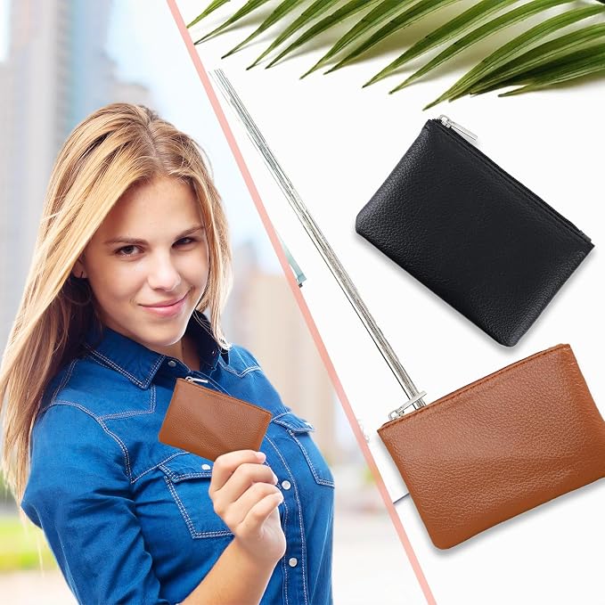 2 Pack Leather Zipper Coin Purse, Portable PU Leather Coin Purse,Mini Coin Pocket Pouch Change Holder, Coin Pouch with Zipper for Men Women Headset Credit Card ID Key Lipstick (Black&Brown)