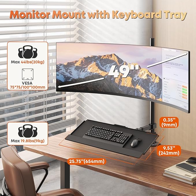PUTORSEN 49''Monitor Arm with Keyboard Tray, Sit Stand Monitor Desk Mount, 44 lbs Monitor& 19.8 lbs Tray Capacity, C-Clamp & Grommet Mount,Standing Workstation Option