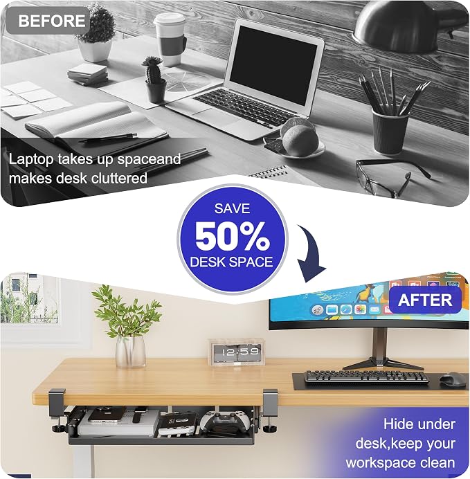 Sliding No Drill Under Desk Laptop Mount, Metal Under Desk Storage Shelf with Cable Management, Slide Out Laptop Storage Tray for MacBook, Mac Mini, Fits Office Workstations(Black with slid rail)