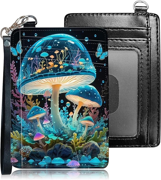 Slim RFID Blocking Card Holder Wallet with Wrist Strap - Minimalist Front Pocket Wallet, Colored mushroom 02 Design, PU Leathe, for Men & Women, Ideal for Travel & Gifts