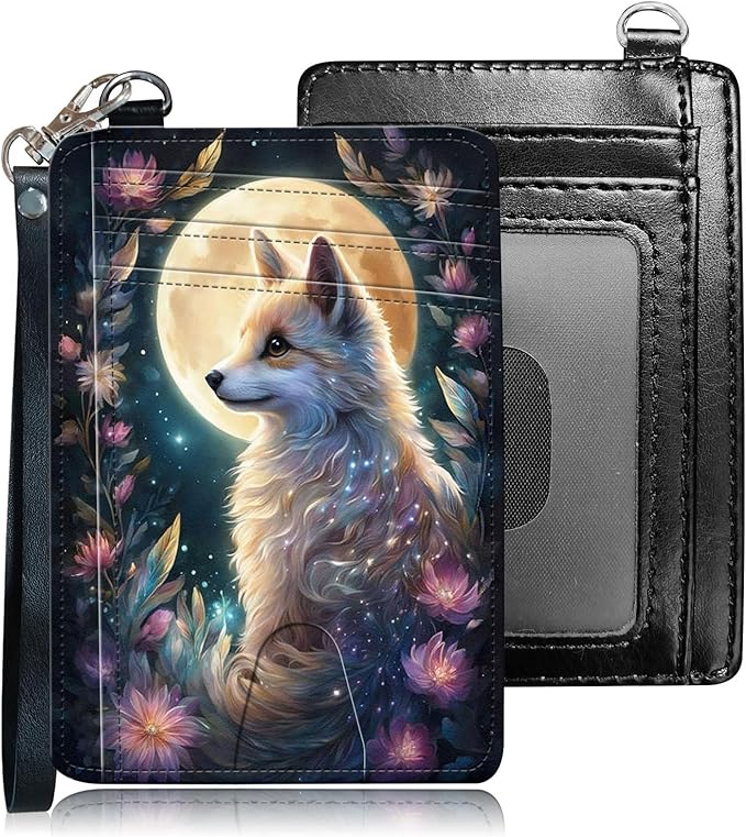 Slim RFID Blocking Card Holder Wallet with Wrist Strap - Minimalist Front Pocket Wallet, Fox Moon Design, PU Leathe, for Men & Women, Ideal for Travel & Gifts