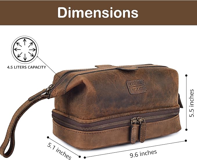LEATHER VILLAGE Genuine Leather Dopp Kit – Large Travel Toiletry Bag with Waterproof Lining, Dual-Zip Design for Men & Women, Organizer for Shaving, Makeup & Essentials - Rustic Brown