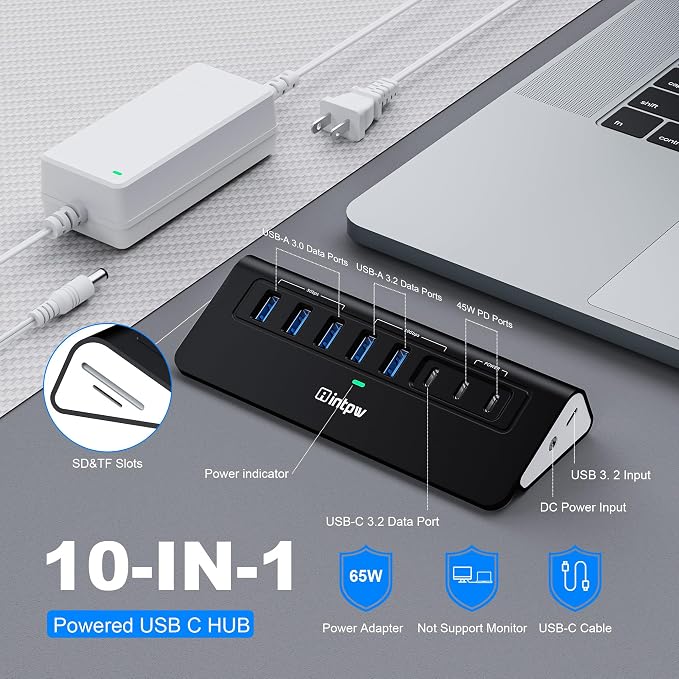 Powered USB Hub 10Gbps, Intpw YH6AC Plus 10 Port USB 3.2 Hub(USB A/USB C 3.2+3 USB-A 3.0+2 PD 45W Fast Charging Port+SD/TF Card Reader), 65W Power Adapter,Aluminum USB HUB for PC,Laptop,iPhone 17/16