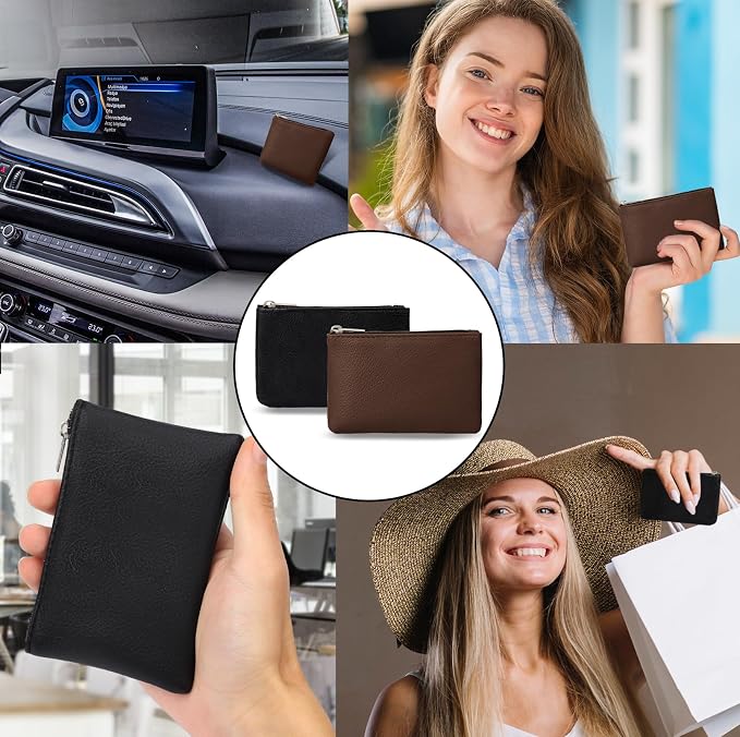 2 Pack Portable PU Leather Mini Coin Purse with Zipper for Women - Credit Card, Folded Bills, ID, Key, Headset, Lipstick (Black & Coffee)