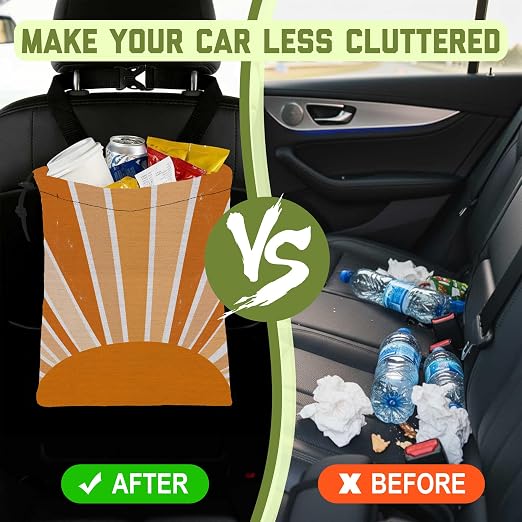 Car Trash Bag Retro Boho Sunburst Leak-Proof Waterproof Car Garbage Bag with Drawstring Foldable Canvas Trash Bin with Adjustable Buckle for Car Accessories