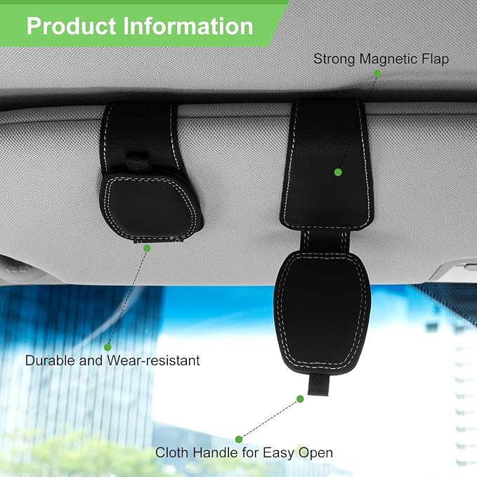2 Pack Magnetic Leather Sunglasses Holder for Car，Car Visor Accessories and Ticket Card Clip，Fit Different Size Eyeglasses (Black)