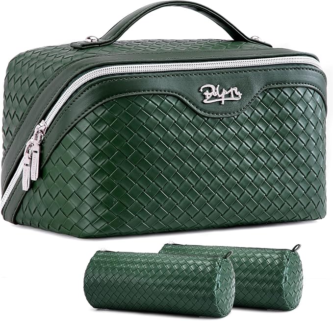BOYATU Travel Makeup Bag Cosmetic Bags for Women: Large Capacity 3 Pcs Set Make up Bag with Compartments - Waterproof Vegan Leather Toiletry Organizer Bags with Handle (L06 Olive)