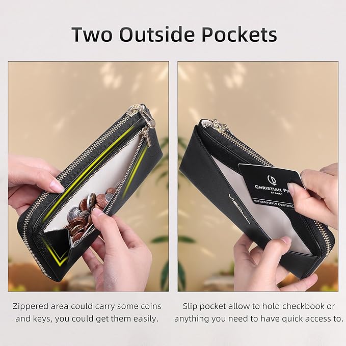 VISOUL Womens Leather Long Zip Around Clutch Wallet with Coin Pocket 12 Card Slots, Slim Thin RFID Blocking Cash Wallets for Women Large Capacity Organizer (Black and Ivory)