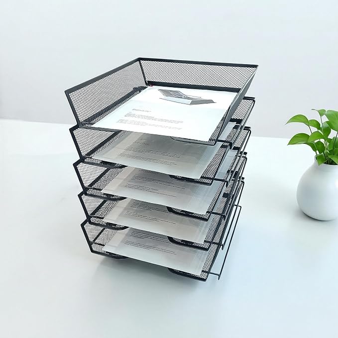 5-Tier Letter Tray Desk Organizer,Metal Stackable File Trays,Black | Shelves for Letter Size or A4 Paper Storage Organizer,Metal Mesh File Basket for Ofice Desk