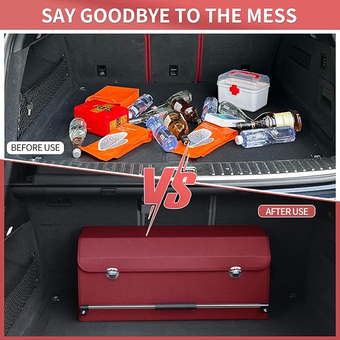Car Trunk Organizer, Trunk Organizer for SUV with Push-pull Handle and Lid Car Leather Trunk Storage Box (Claret, 27.17 x 11.42 x 12.2in)