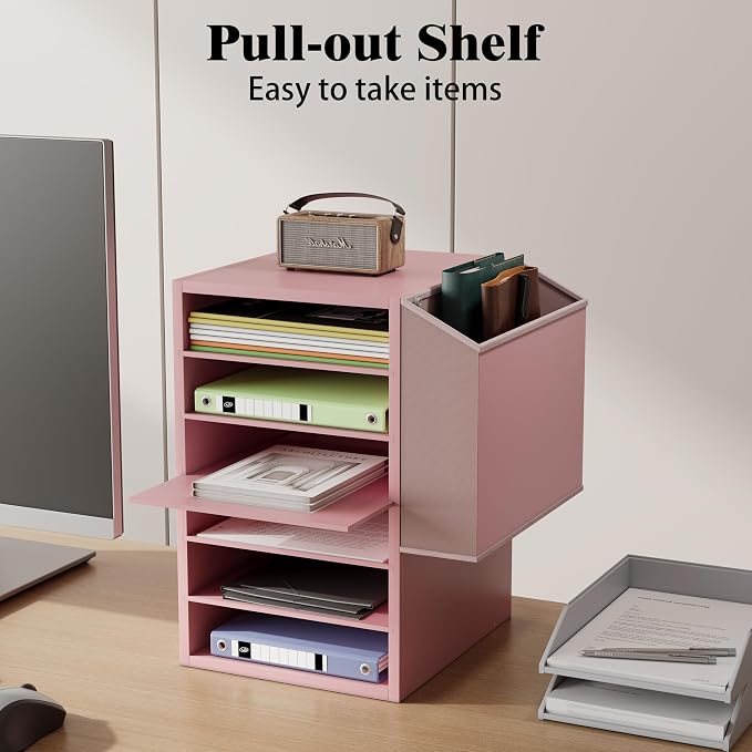 Unionly 6 Tier Adjustable Countertop Mail Sorter, Mailboxes With Name Slots, Literature Organization Paper Storage Slot, Office Desk File Organizer, Wooden Desktop Mailbox for Classroom(Pink, 6 Slots)