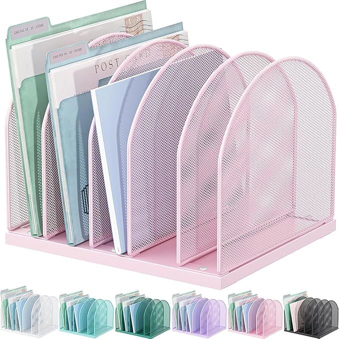 gianotter Desktop File Organizer, Desk Organizer with 5 Compartments, Paper Organizer for Desk, Workspace Organizers for Office Supplies (Pink, Upright Style)