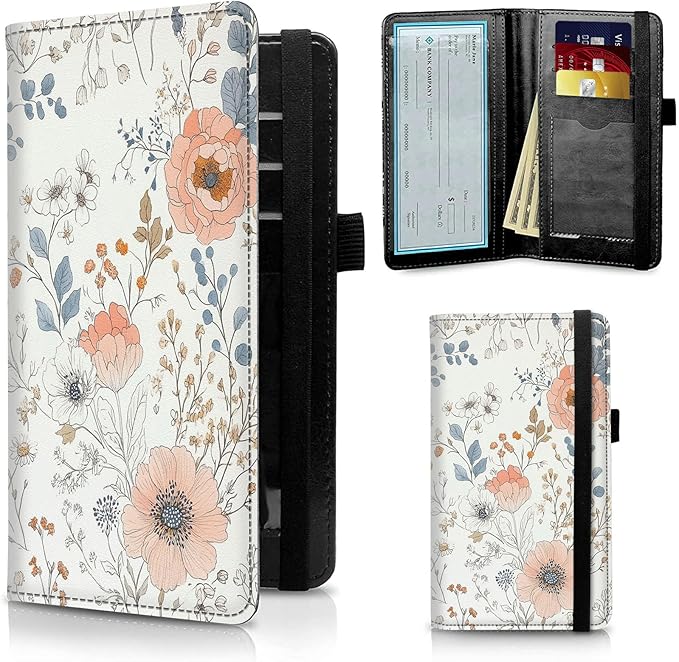 FUYOCWE Leather Checkbook Cover for Men Women Checkbook Covers Personal Checks Card Register Holder Wallet W/RFID Blocking & Pen Holder-Elegant Flowers