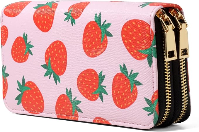 Strawberry Wallets for Women Kawaii Large Capacity 2 Zipper Wallet Cute Ladies Purse Pink Credit Card Holder