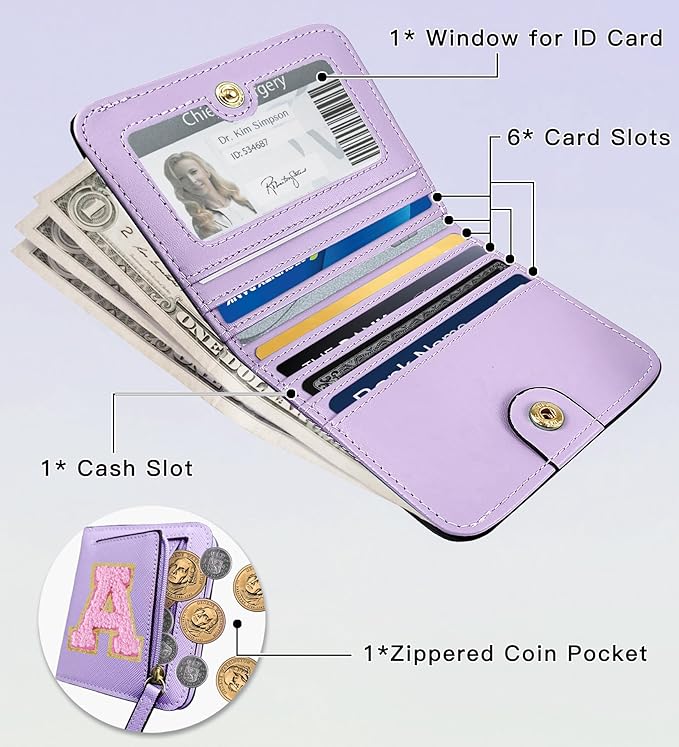 COSHAYSOO Preppy Wallet Gifts for Teen Girls Women Small Wallet RFID Bifold PU Leather Christmas Valentines Easter Mothers Fathers Day Nurse Appreciation Graduation Gifts Chenille Letter R Purple