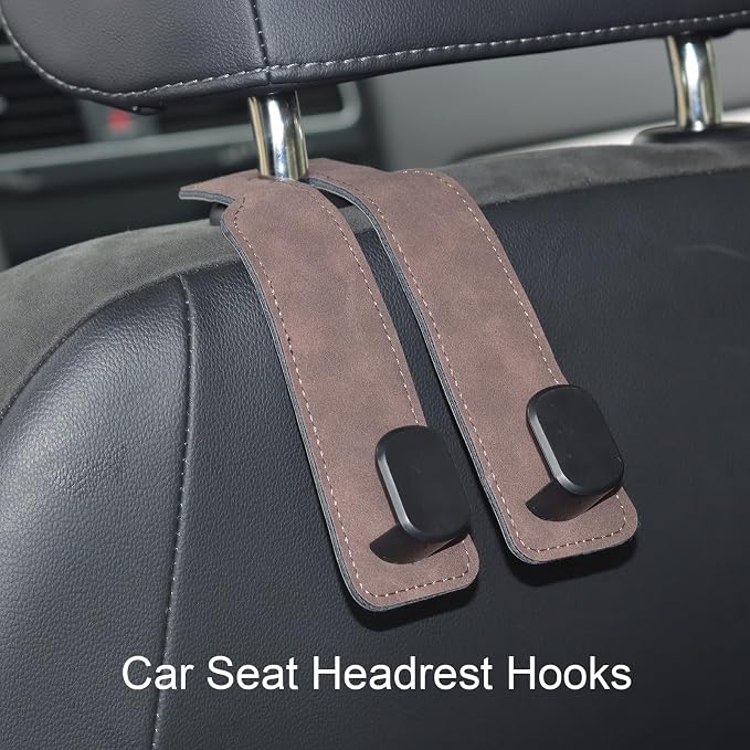Car Seat Hooks for Headrest, Car Purse Hook & Back Storage Hook, Zinc Alloy & Suede Material Heavy Duty Car Hooks for Purses and Bags,Universal Fit for Most Vehicles (Brown-2 Pack)