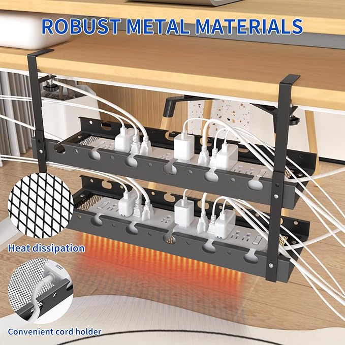 Under Desk Cable Management Raceway Clamp 2 Hole 31Inch No Dril Cord Organizer for Standing Desk Sturdy Metal Office Desk Wire Management - No Damage to Table