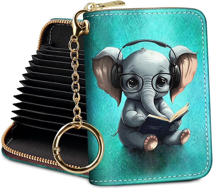 Credit Card Holder RFID Wallet, Small Card Holder Wallet for Women with Keychain Zipper, Funny Leather Print Credit Card Wallets Accordion Gift