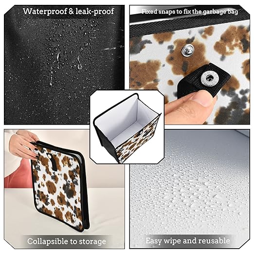 Brown Cow Print Car Trash Can Black White Animal Skin Foldable Hanging Car Trash Bag Bin Auto Garbage Can Leak-Proof Car Organizer(Large)