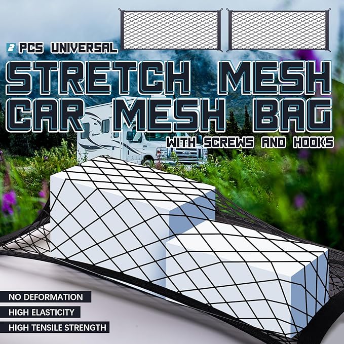 2 Pcs Universal Stretch Mesh Car Mesh Bag with Screws and Hooks for Trunk RV Boats Home Cargo Storage (23.6'' x 9.8'')