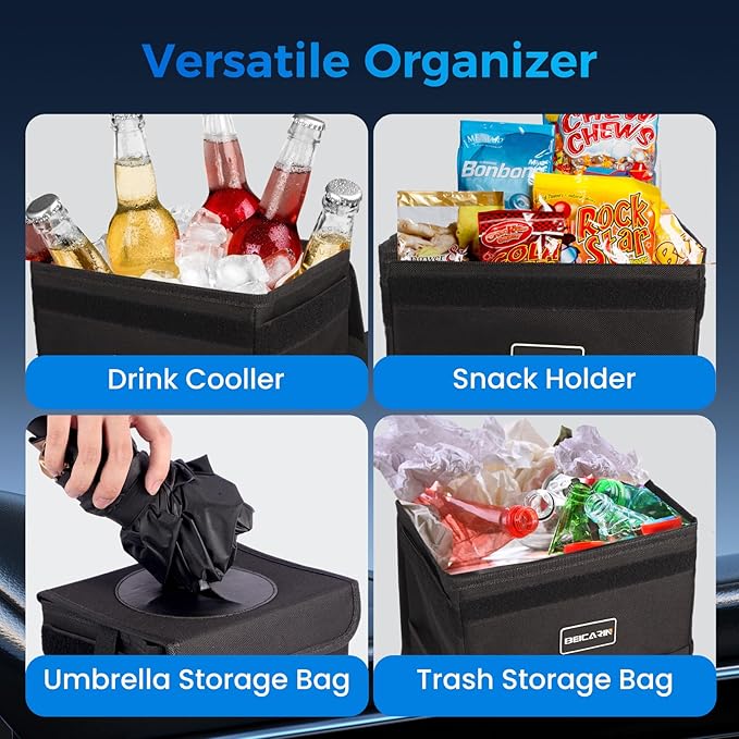 Beicarin Car Trash Can with Lid - Trash Bag Hanging with Storage Pockets Leak-Proof Organizer Collapsible and Portable Waterproof Garbage Bin, 2.2 Gallons Multipurpose Trash Bin for Car