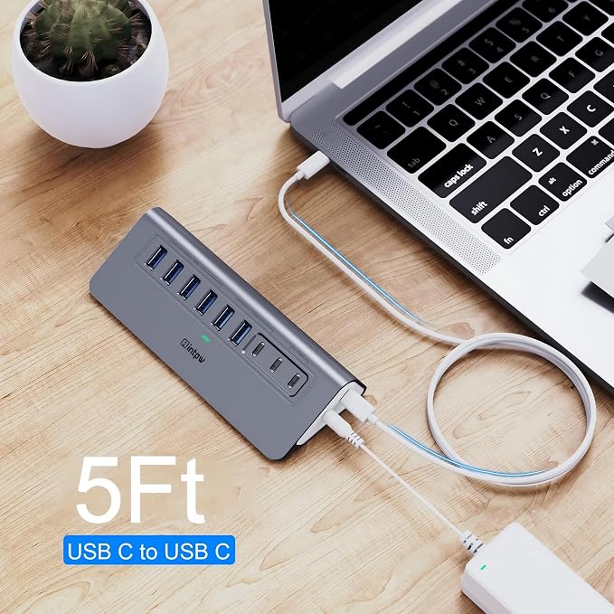 Powered USB Hub 10Gbps, intpw YH6AC 9-Port USB HUB with 10Gbps USB A/USB C 3.2, 4 USB 3.0, 2 PD 45W Charging Port, 65W Power Adapter + 5FT Cable, Aluminum USB Hub for Laptop, PC,iPhone 17/16