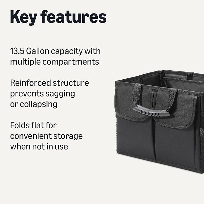 Amazon Basics Trunk Organizer for Car, Multi-Compartment Car Storage, Foldable, 13.5 Gallon, Black