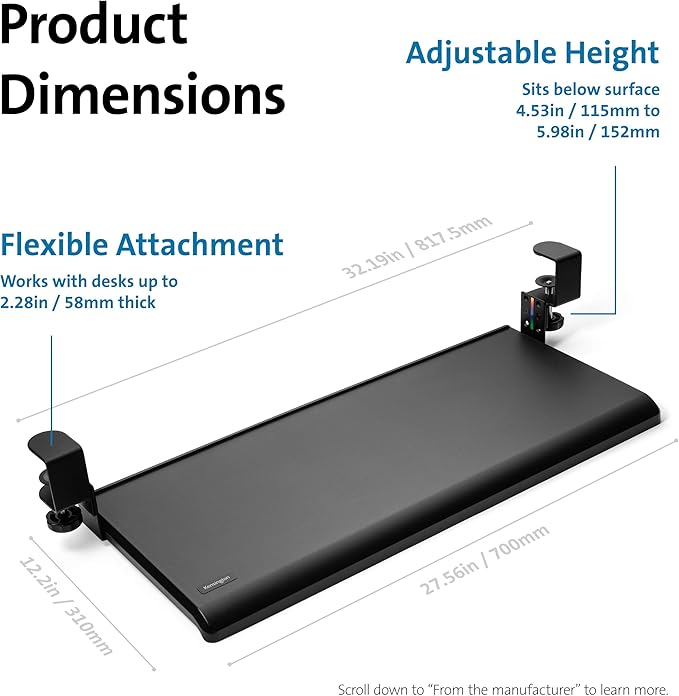 Kensington Clamp-On Keyboard Tray, Under Desk Keyboard Drawer with Cable Management, Ergonomic Smartfit Slide-out Height Adjustable Keyboard Holder, Black 13.3"x32.4"x2.4" K55407WW
