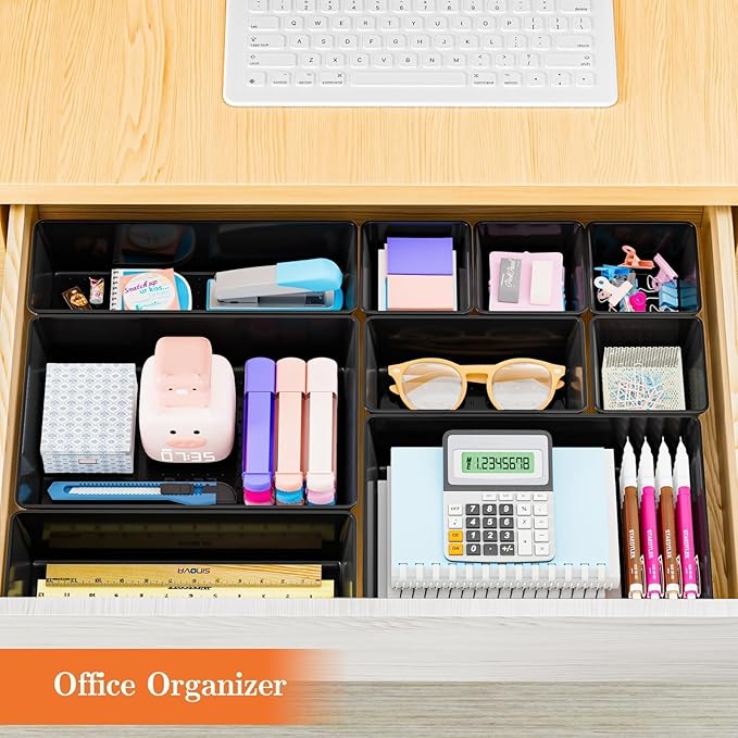 SpaceHacks 25 PCS Plastic Drawer Organizer Set, 4-Size Versatile Organizer Trays & Storage Bins for Makeup, Jewelry, and Gadgets in Bathroom, Bedroom and Office, Black