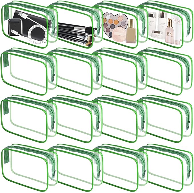 YedsIntu 16 Pieces Clear Makeup Bag PVC Zippered Clear Toiletry Carry Pouch Portable Cosmetics Bag Waterproof Makeup Bag Vinyl Plastic Organizer Case for Travel Vacation Bathroom (Green-M)