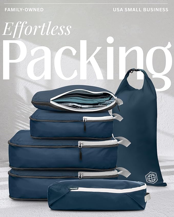 Compression Packing Cubes for Travel, 6-Piece Lightweight Packing Cubes Set for Carry-On Luggage & Backpacks – TRIPPED Travel Gear (Navy Blue and White)