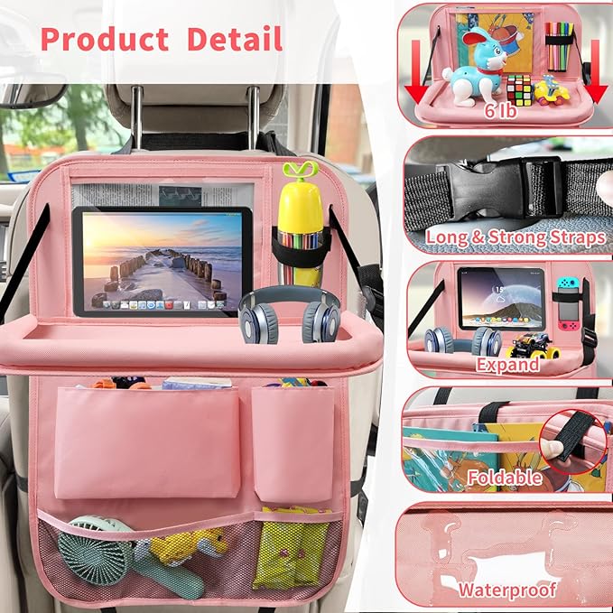 Car Backseat Organizer with Tray, Seat Back Table Holder with 6 Storage Pockets, Car Seat Back Protectors Kick Mats Travel Accessories, 2 Pack Pink