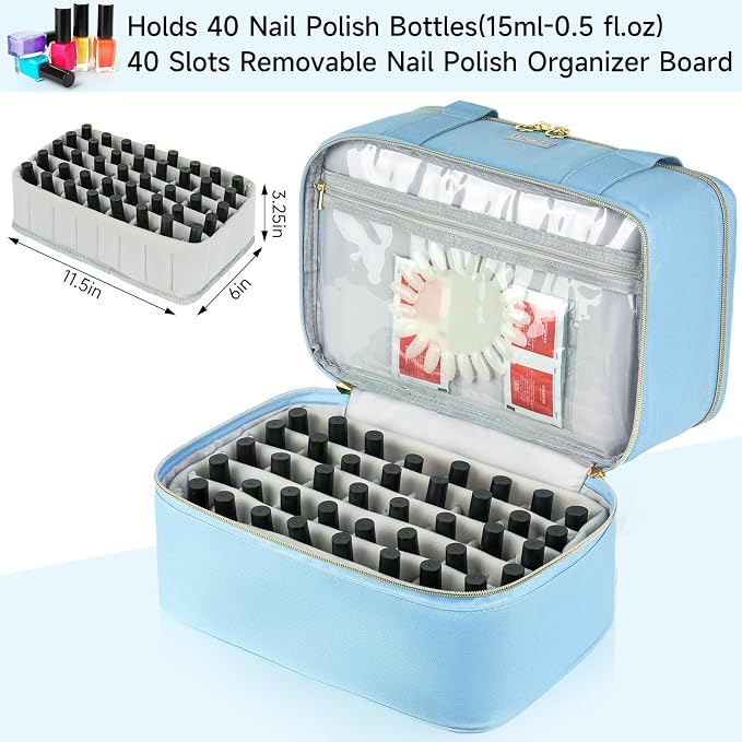 LEFOR·Z Nail Polish Organizer,Double-Layer Nail Organizers and Storage,Nail Polish Carrying Case for 40 Bottles (15ml-0.5 fl.oz) and Nail Lamp,Portable Nail Polish Holder for Nail Supplies,Light Blue