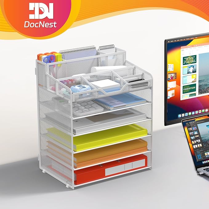 Docnest 6 Tier Mesh Desk Organizer for Paper Office Supplies – Multi-Functional Letter Tray with 5 Adjustable Compartments, 4 Pen Holders, Desktop Storage for Files, Mail, Stationery – White