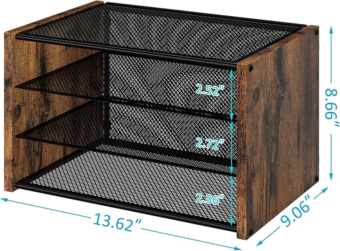 DAOUTIME 3-Tier Paper Letter Tray, Wooden Desk File Organizer, Stackable Metal Mesh Desk Organizer for Office Supplies. Small Paper Trays for Home Office School, Rustic Brown