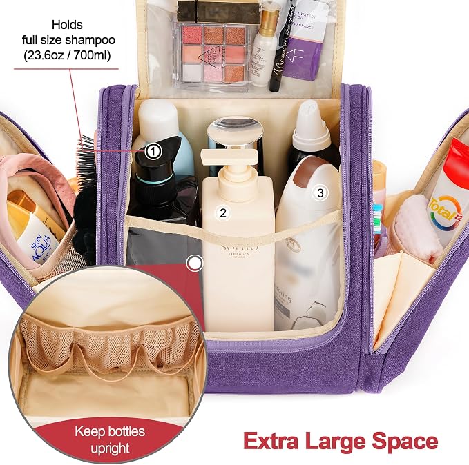 COOSKY Hanging Travel Toiletry Bag for Women and Men, 6 Organizer Compartments, Large Toiletries essentials, Bathroom Cosmetic Accessories, Water-resistant Makeup Bag, Holds Full-Size Shampoo, Purple