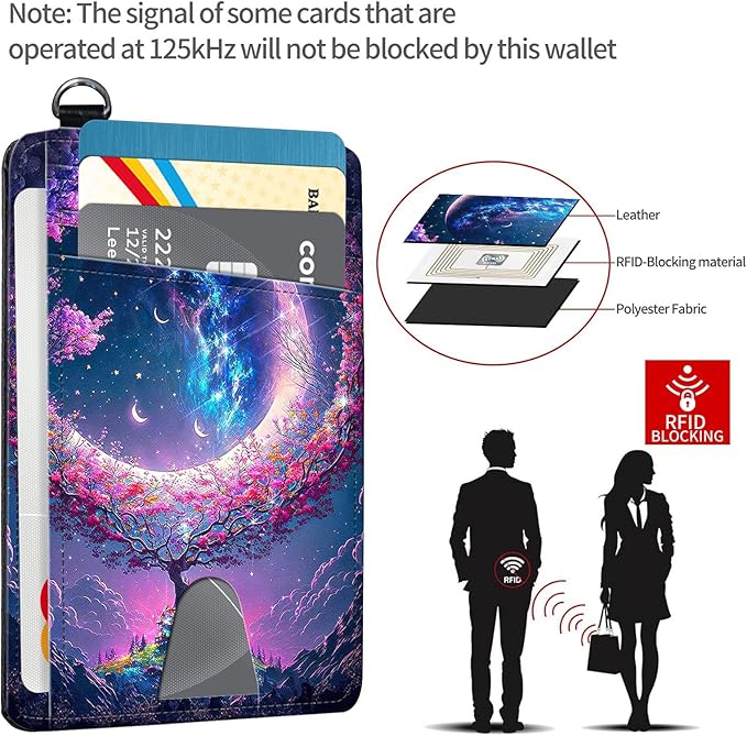 Slim RFID Blocking Card Holder Wallet with Wrist Strap - Minimalist Front Pocket Wallet, Trees Surround the Moon Design, PU Leathe, for Men & Women, Ideal for Travel & Gifts