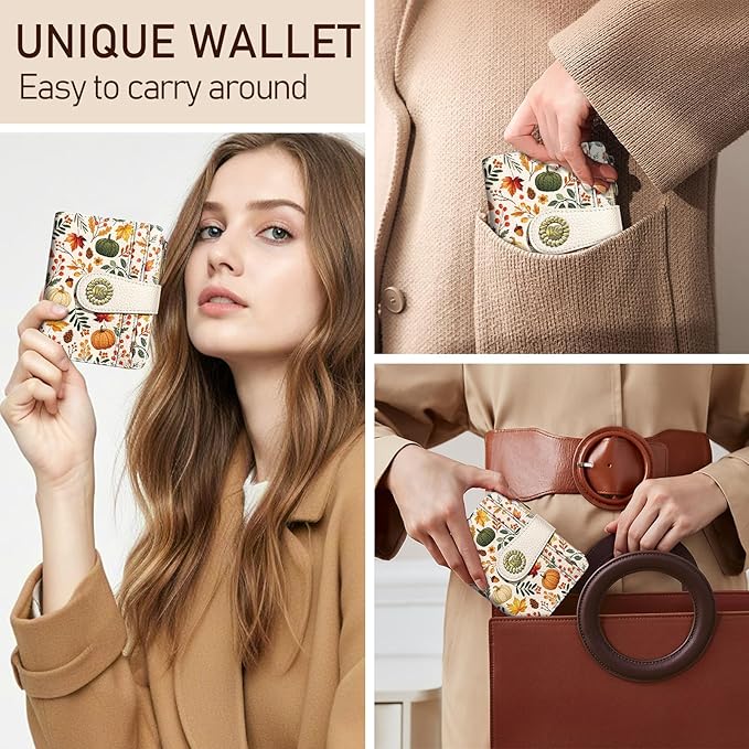 Kelvoris Pumpkin Fall Leaves Mushroom Halloween Small Rfid Women Travel Wallet Bifold Zipper Coin Pocket PU Leather Compact Cash Credit Card Holder Female Ladies Teen Girls 1 ID Window 10 Card Slots