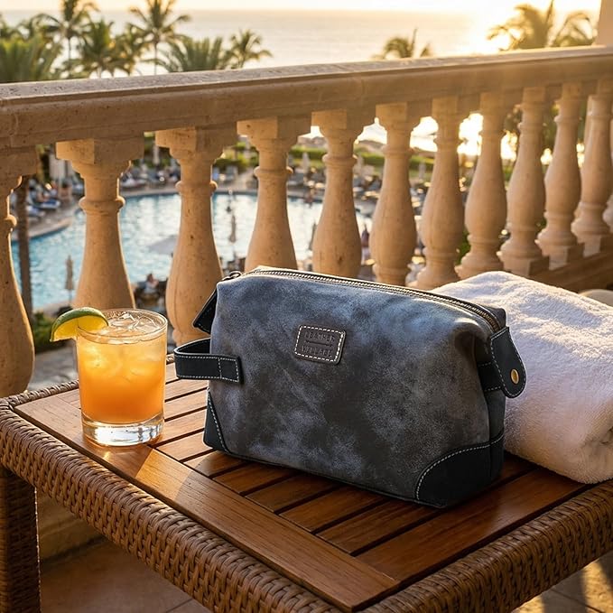 LEATHER VILLAGE Genuine Leather Dopp Kit for Men & Women – Travel Vintage Toiletry Bag with Waterproof Lining, Shaving & Bathroom Essentials Organizer - Distressed Blue