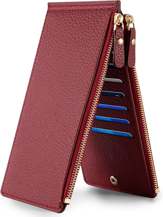 Wallet for Women RFID Blocking Leather Wallet Large Size Bifold Multi Card Holder Wallet with 2 Zipper Pocket - Red