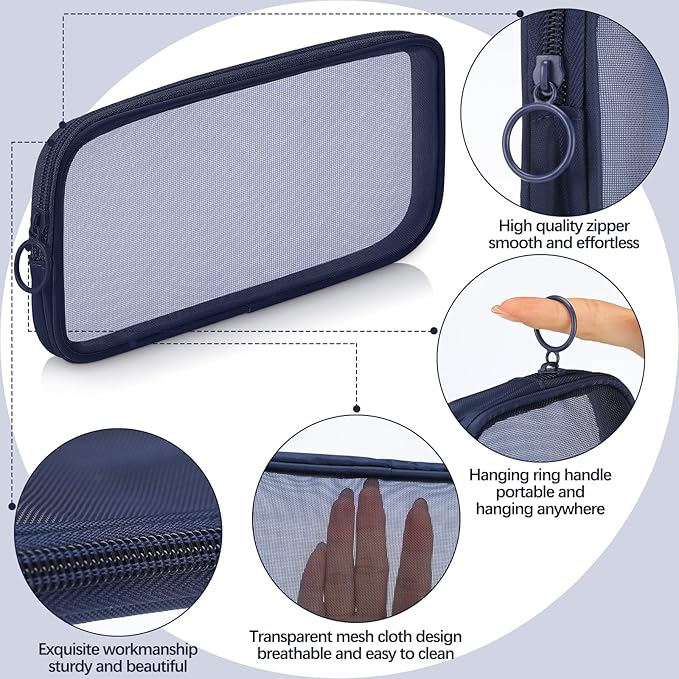 Weewooday 4 Pcs Mesh Makeup Bag Mesh Cosmetic Bag Toiletry Pouch with Zipper Mini Makeup Cosmetic Purse for Daily Accessory (Medium,Navy Blue)