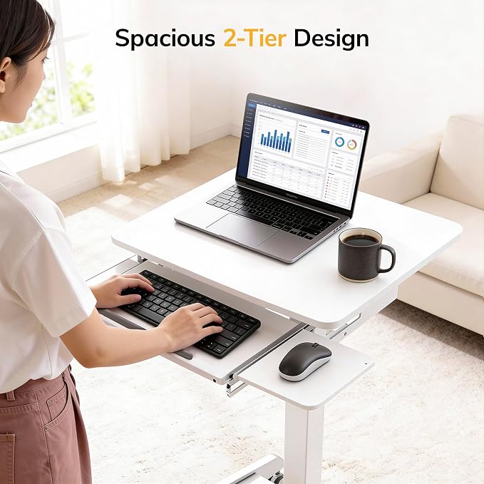 Mount-It! Height Adjustable Rolling Laptop Desk with Keyboard Tray, Mobile Sit-Stand Computer Cart with Wheels, Small Standing Desk for Home, Office, or Classroom, 23.6" x 20.5", White